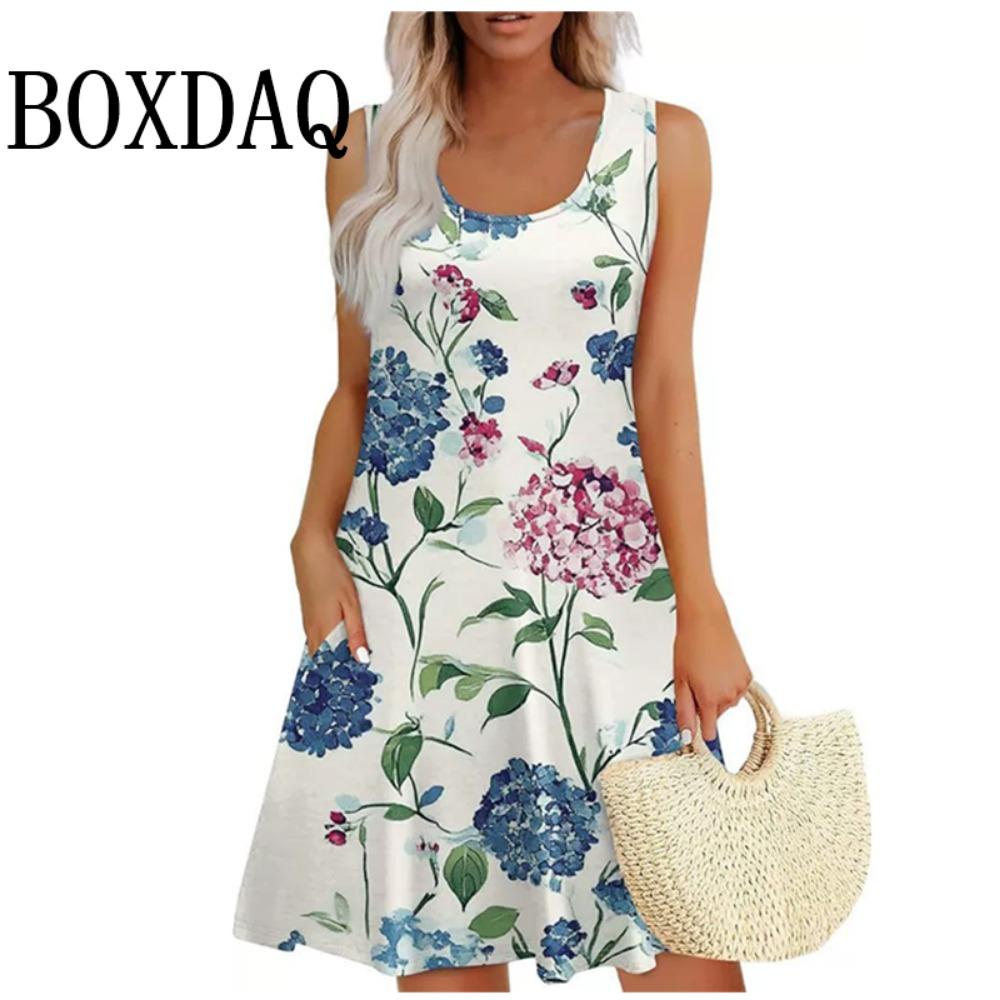 Vintage Floral Pattern Sundresses For Women Summer Casual Tank Flower 3D Print Dress Loose Plus Size Sleeveless Dresses