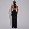 Summer new product fashion temperament solid color fine flash sexy big halter side split shoulder neck dress women