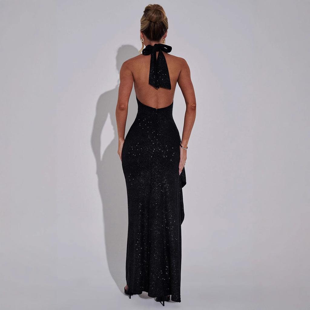 Summer new product fashion temperament solid color fine flash sexy big halter side split shoulder neck dress women