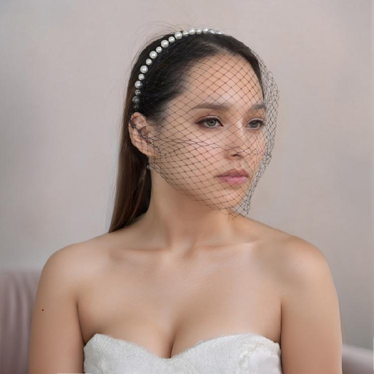 Breathable Face Veil Hairband Bridal Shower Hairhoop Head Accessory with Pearls Decors for Special Occasion Formal Outfit