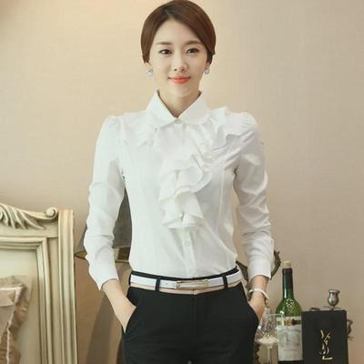 Spring Korean Style Doll Collar Ruffled White Chiffon Long Sleeve Slim Fit Women's Shirt