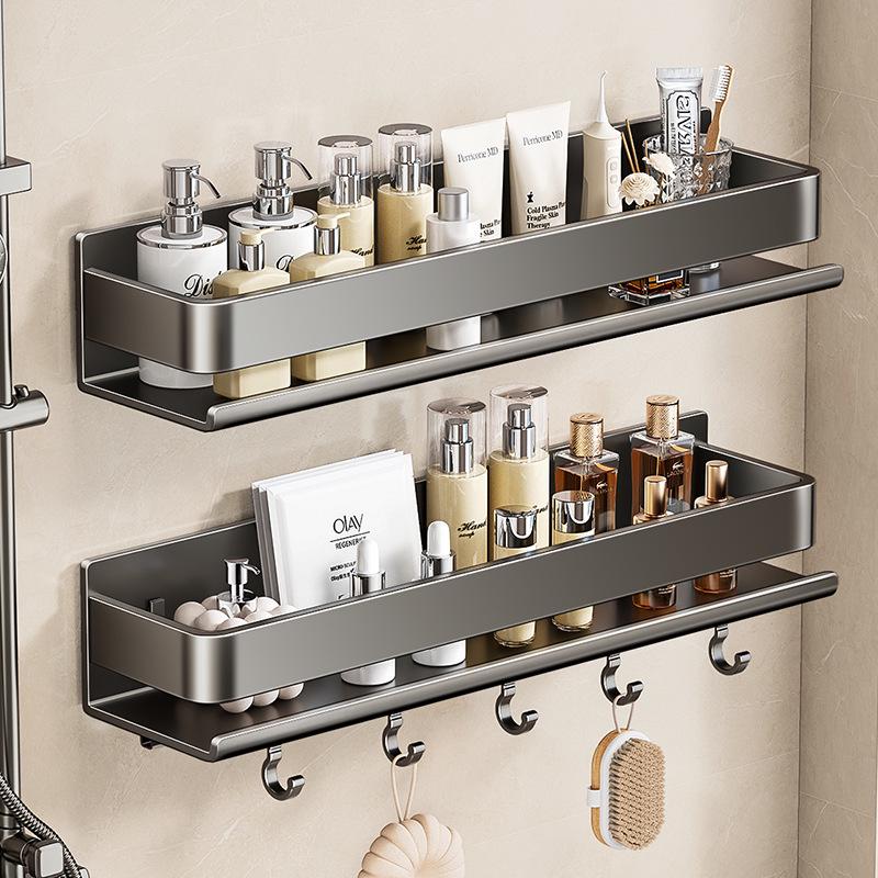 Luxuriöses wandmontiertes, lochfreies Badezimmerregal mit Haken & Stange