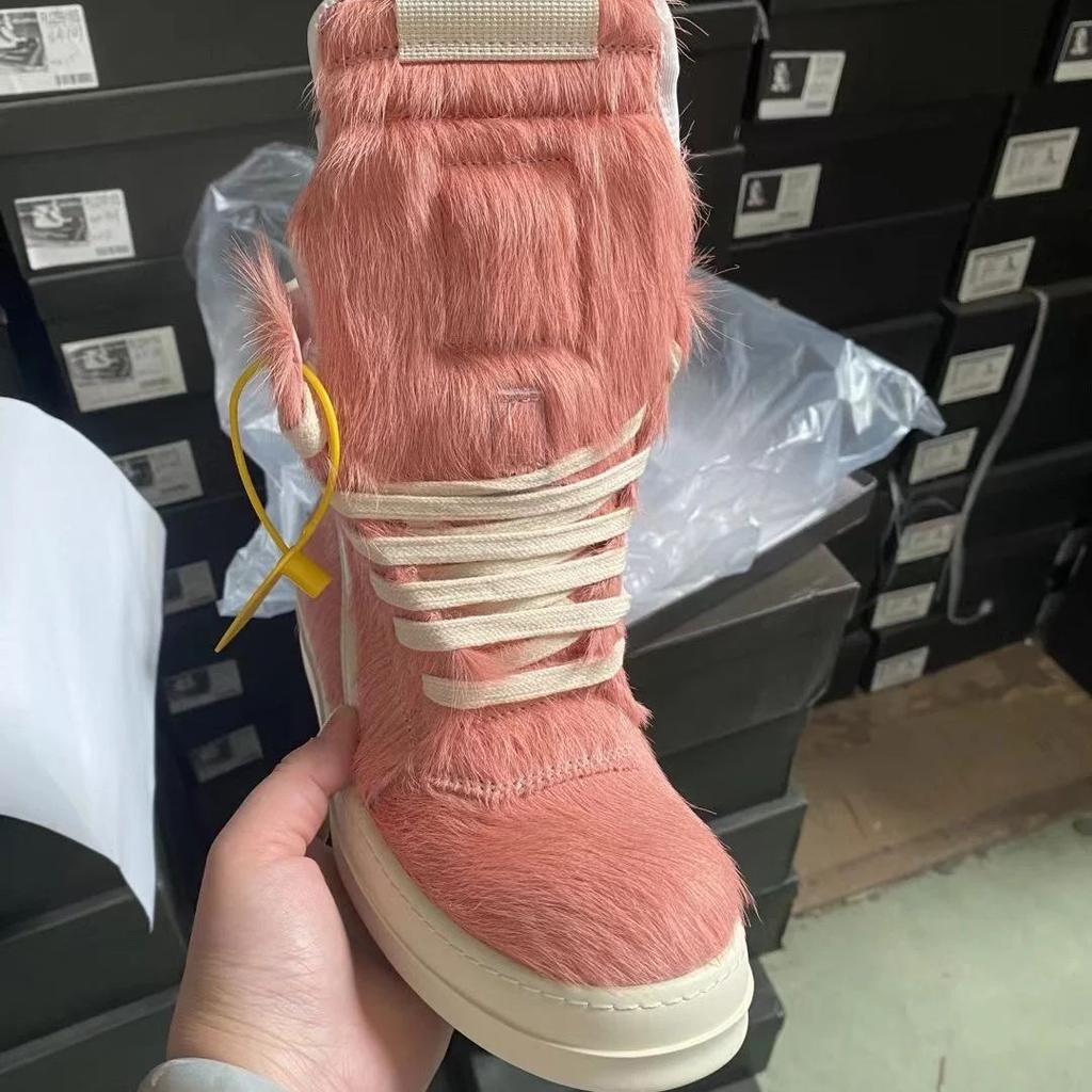Brand Women Shoes Pink Furry Sneaker Men Shoe High-Top Sneakers Quality Horsehair Genuine Leather Fashion Designer Ankle Boots