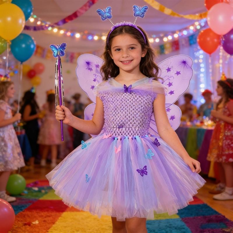 4Pcs Fairys Princess Costume Set with Butterfly Wing Angel Wand Tutus Dress Headband for Kids Little Girls