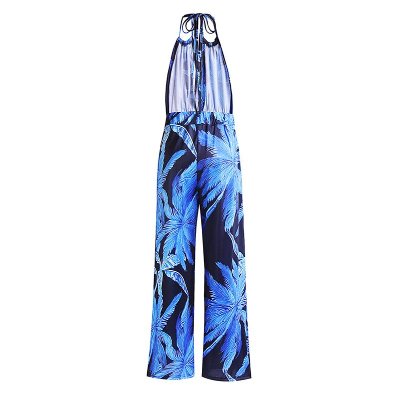 Frauen Sommer Backless Sexy Coconut Tree Print Neunte Hosen Halter Elastische Strampler Overall