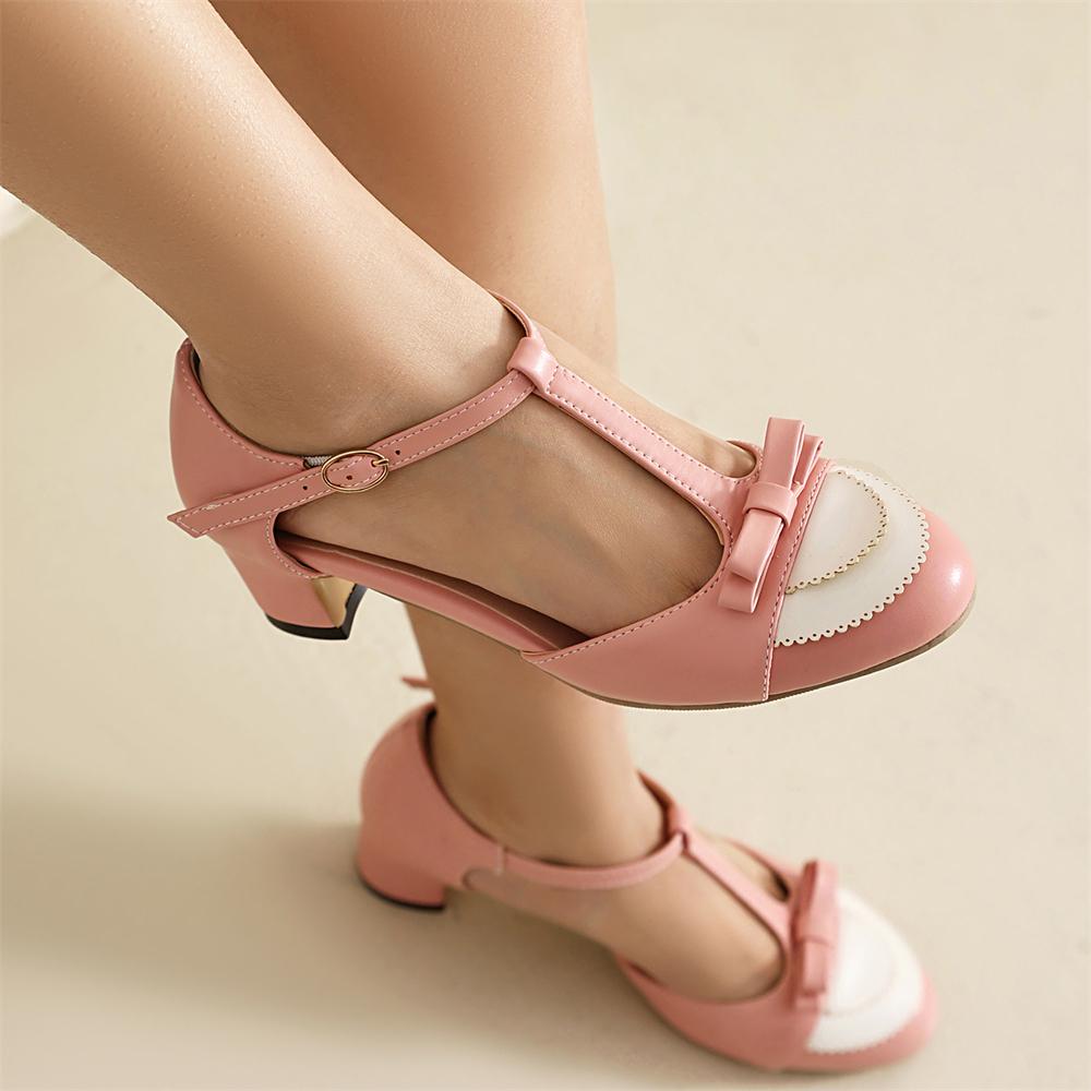 Fashion Women High Heels Mary Jane Shoes Pumps Bow Shoes Thick High Heel Casual Ladies Pumps Pink Chaussures Femme Lolita Shoes 35-43