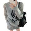 Arctic Velvet, Contrasting Color Rose Jacquard Long-sleeved Gray Crew Neck Knitted Sweater Women's Autumn and Winter Lazy and Loose