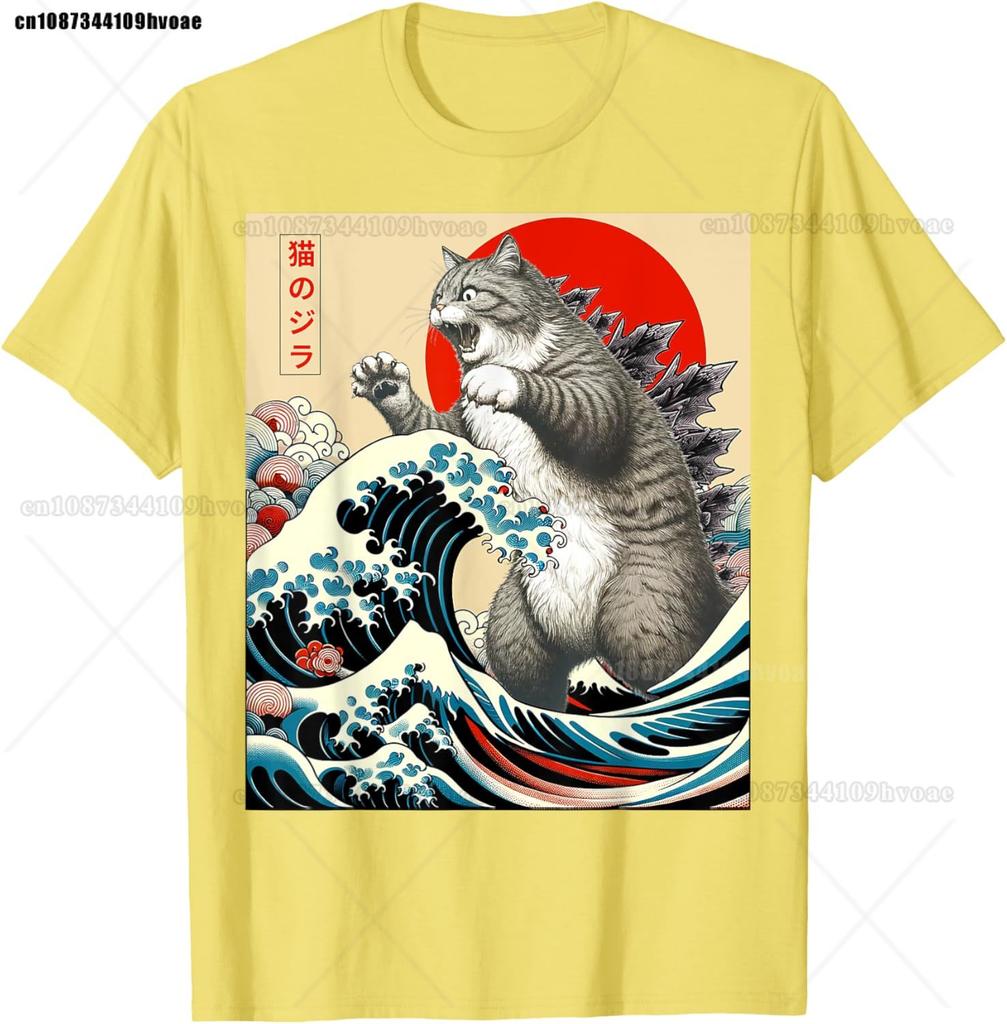 Catzilla Cat Japanese Art Funny Cat Gifts T-Shirt Top Tees Cotton High Quality Unisex Hip Hop TShirt Punk Gothic Graphic Breathable