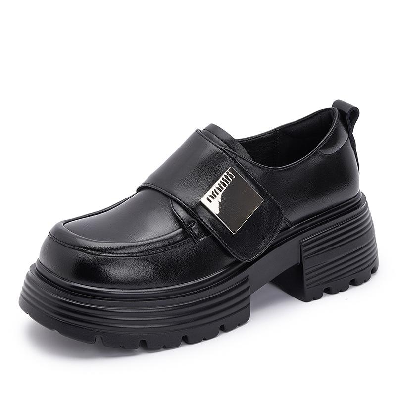 

Platform loafers women s new 2025 spring Velcro versatile casual height increase black small leather shoes women s anti-wear feet 40