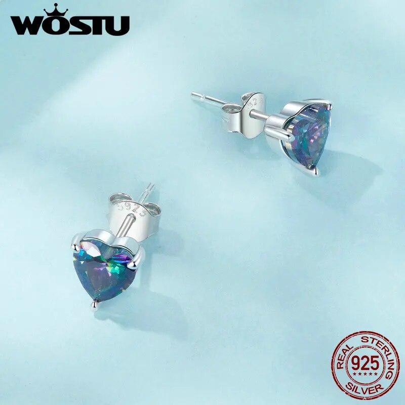 WOSTU 925 Sterling Silver 7MM Heart Stud Earrings Women Rainbow Mystic Topaz Wedding Earring Party Jewelry Gift For Mom Daugther
