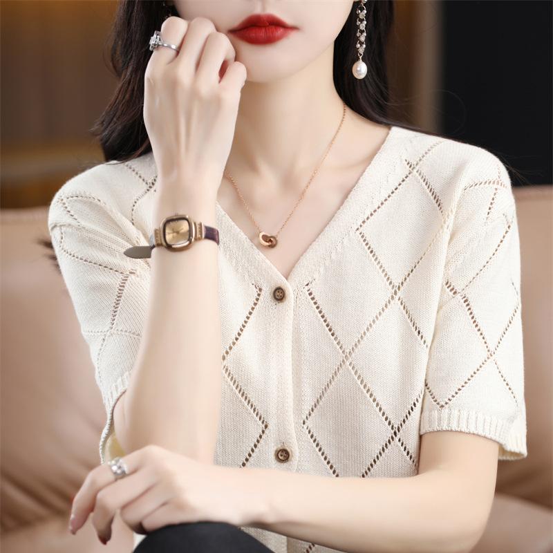 V-neck Knitted Cardigan Women's Summer Fashion Thin Short-sleeved Hollow Breasted Top T-shirt Top