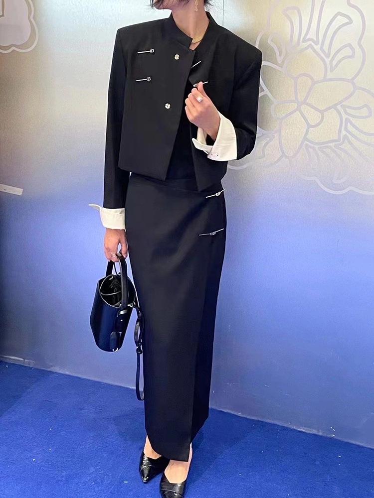 [Clearance, no refunds] New Chinese Style Wool Suit Jacket with Color-Matched Design and Buttoned Skirt