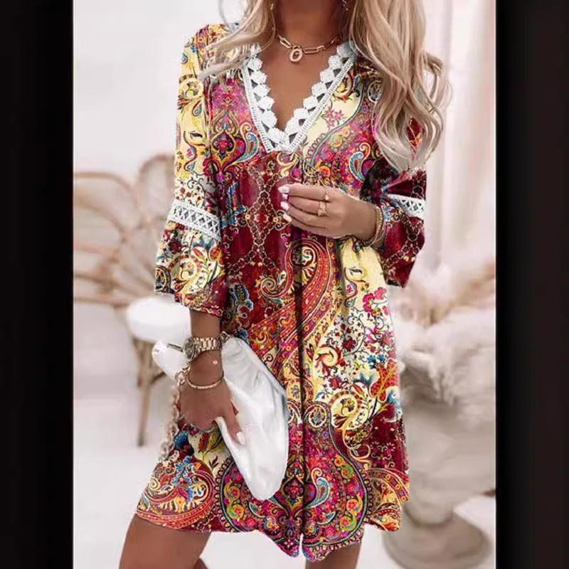 European and American Spring V-neck Printed Lace Splicing Bohemian Casual Vacation Dress