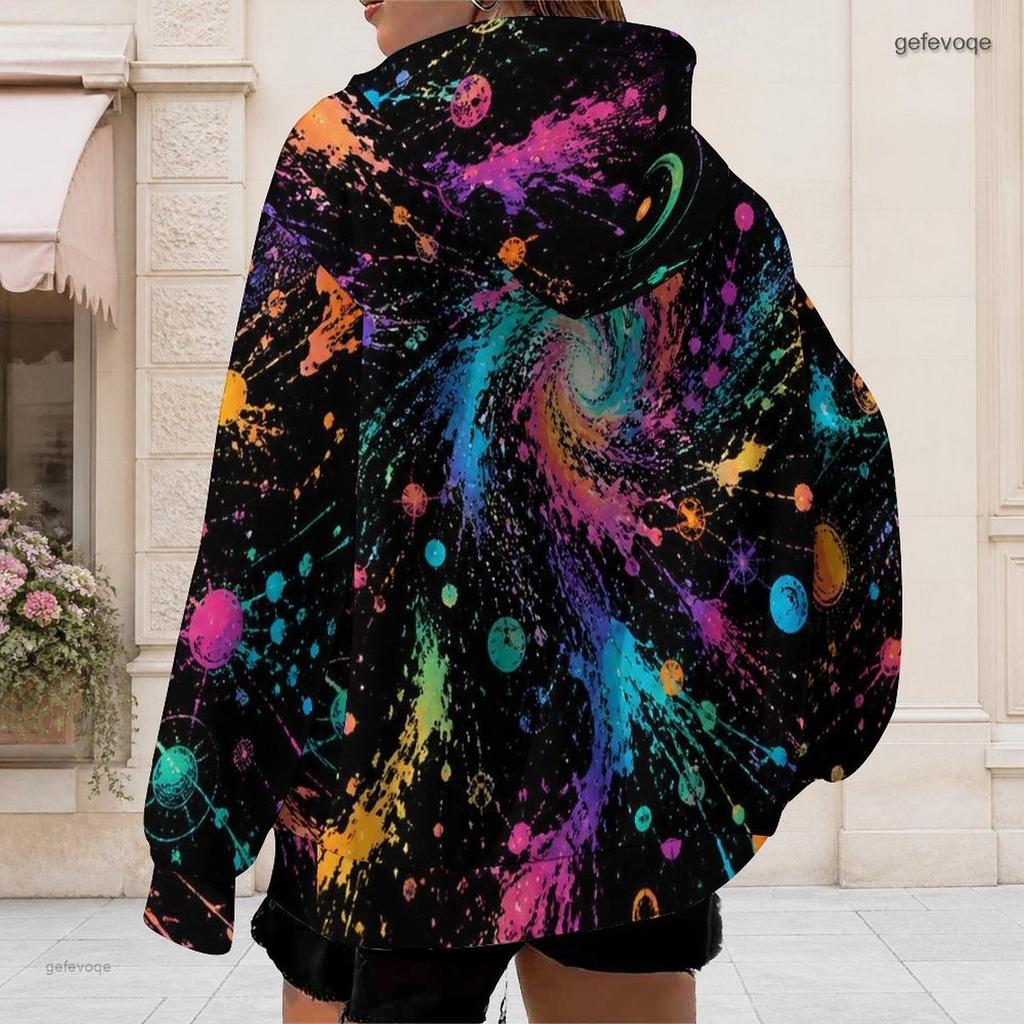Women Plus Size Zip Up Hoodie Long Sleeve Drawstring Hood Pockets Green Beige Leaf Print Casual Top