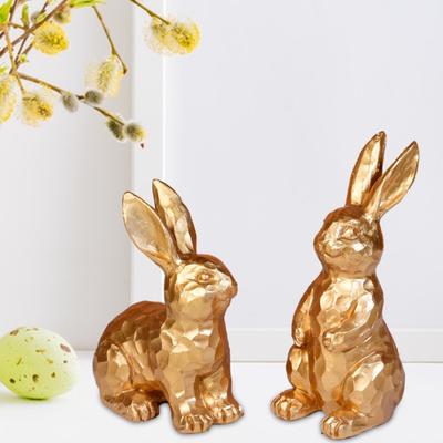 2Pcs Easter Rabbit Resin Figurine Animal Statue Bunny Ornament Carved Golden Home Office Holiday Desktop