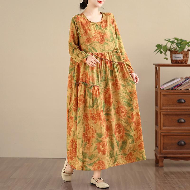 DIMANAF Yeni 2025 Kadın Büyük Beden İlkbahar Uzun Elbise Bol Temel Vintage Oversize Uzun Kollu Maksi Çiçekli