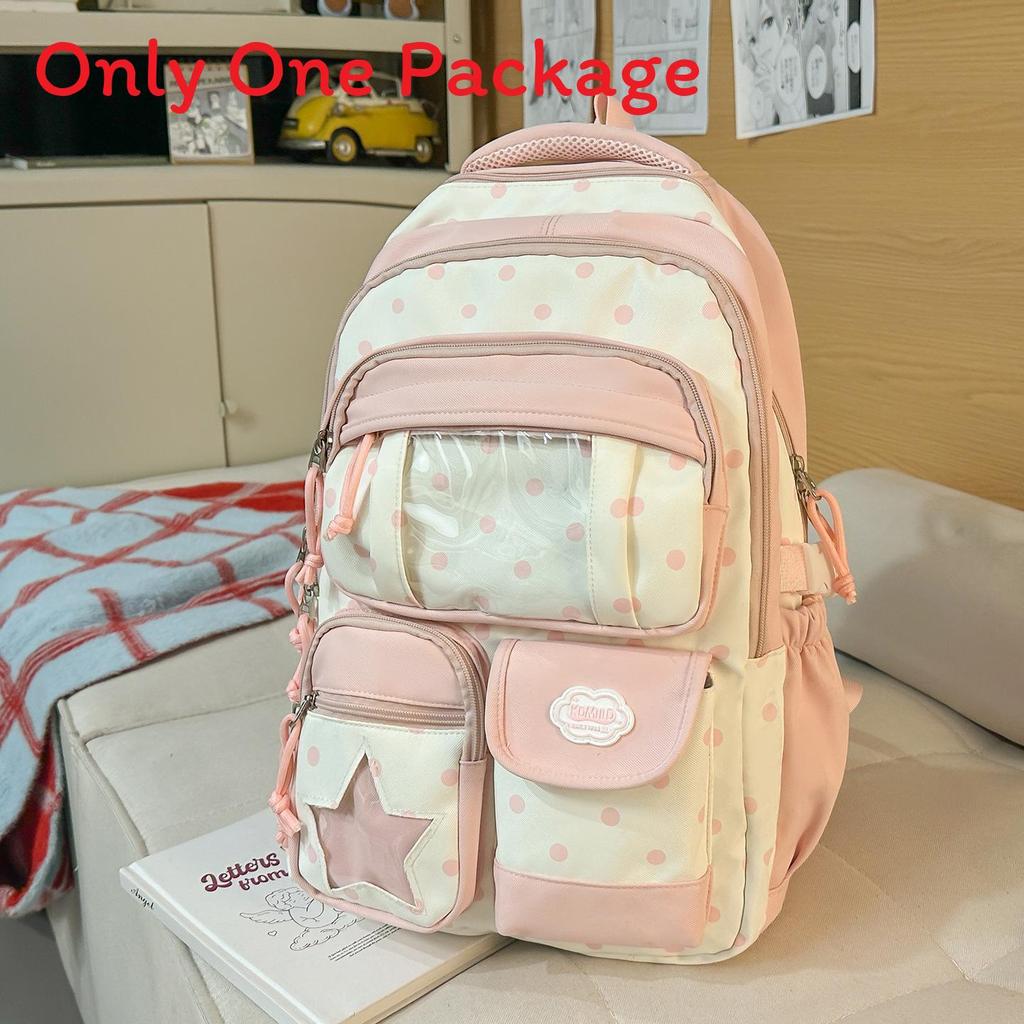 Nylon School Backpack For Girls With Polka Dot Pattern And Padded Shoulder Straps For Campus Use