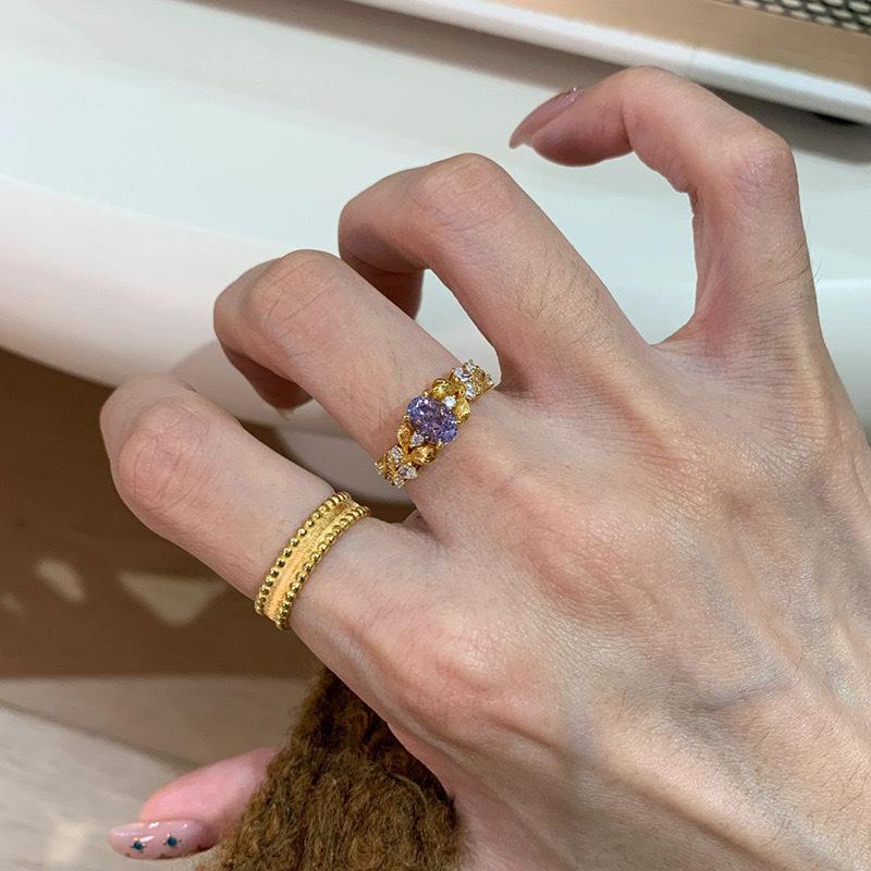 Gold Medieval Brushed Bead Edge Ring Women'S Lamp Luxury High-End Sense Niche Bauhinia Gypsy Exquisite Open Ring