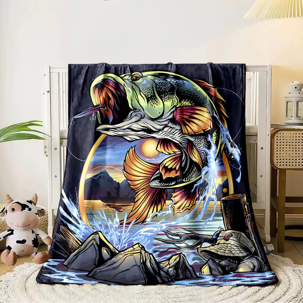 Vibrant Jumping Bass Fish with Lure Design Flannel Blanket for Bedroom, Living Room, Sofa, and Nap Sofas.