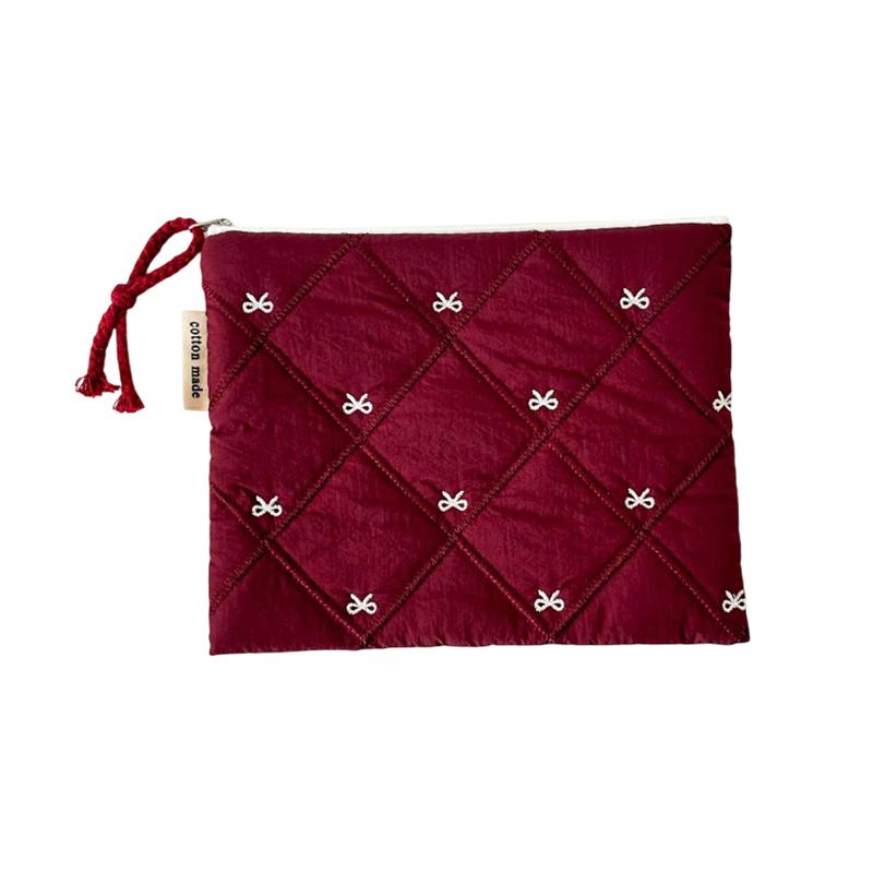 Quilted Design Cosmetic Bag Embroidered Bow Large Capacity Stationery Bag Multifunctional Pen Bag