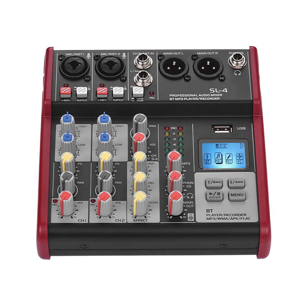 SL 4 Compact Size 4 Channel Mixing Console Mixer 2 band EQ Built in 48V Phantom Power Supports BT Connection USB MP3
