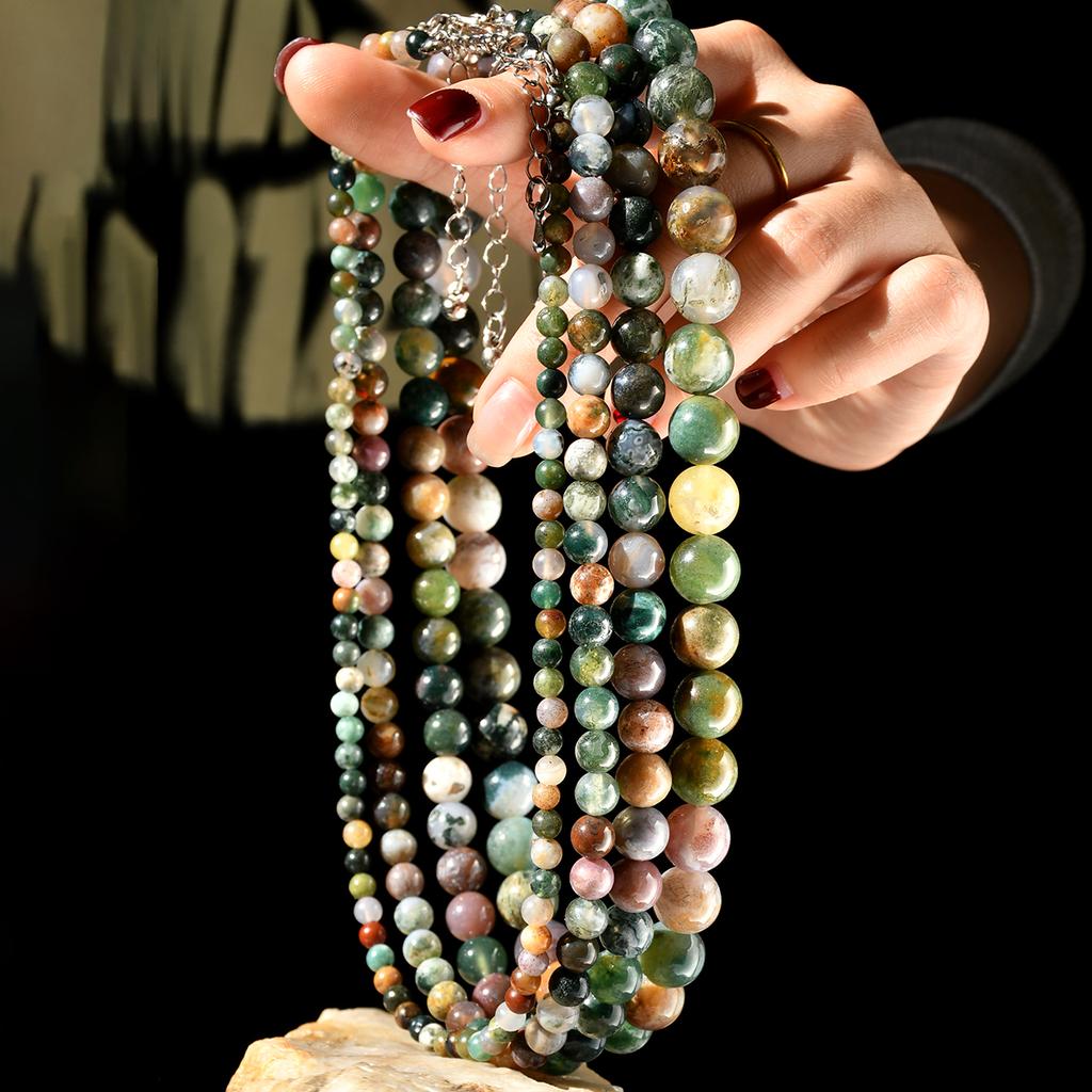 1PC Vintage Natural Stone Indian Agate 4-10mm Necklace Women's Exquisite Trendy Autumn And Winter Holiday Handmade Zircon