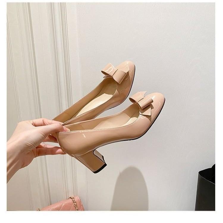 New Thick Heel Round Head Bow High Heels Naked Pink Gentle White Cm Mary Jane Women's Shoes