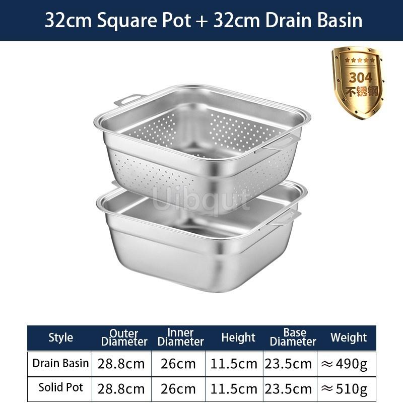 304 Stainless Steel Square Perforated Strainer Flat Bottom with Side Handles Colander for Washing Vegetables Marinating Tray