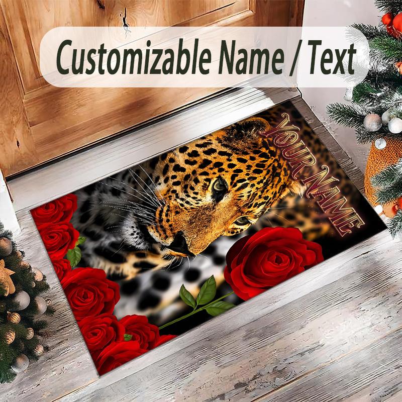 Leopard Theme Crystal Velvet Floor Rug Personalized Custom Name Text Warm Carpet Home Decoration
