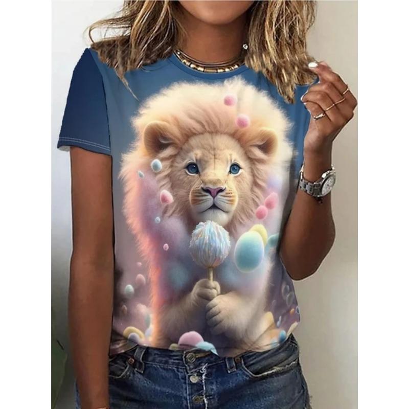 Women's Summer Fashion Casual Loose Plus Size Tiger 3D Printed Round Neck Short Sleeved T-shirt Top 6XL
