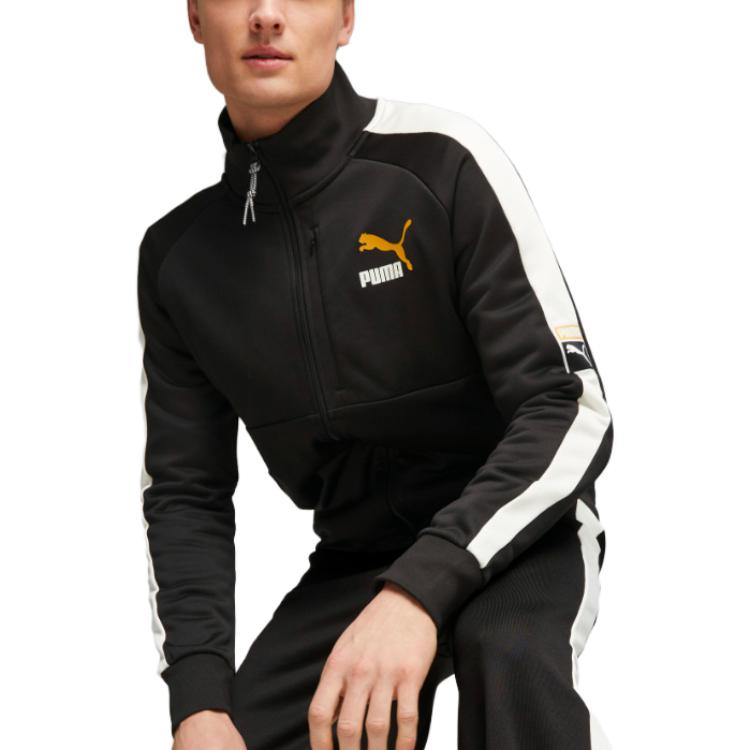 Puma T7 Forward History Track Jacket mit Logo-Print Reißverschluss Stehkragen Langarm Retro Sportjacke Herrenjacke Schwarz 621351-01