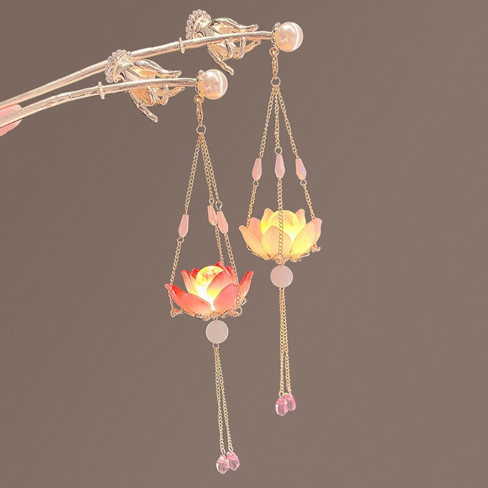 Lotus LED Light Hair Fork Pearl Luminous Lotus Hairpin Retro Lantern Hair Stick  Girls