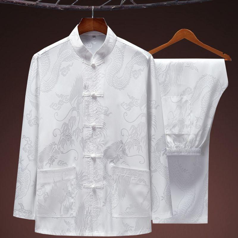 Promoção Terno Tradicional Chinês Masculino de Seda Cetim Kung Fu Conjuntos Traje Tang Manga Longa Calça Dragão Wu Shu Tai Chi Conjuntos