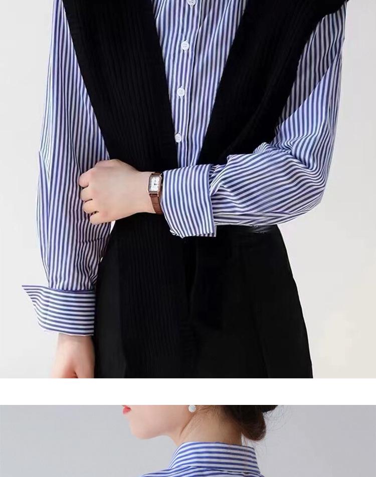 Women's Slimming Long Sleeve Cotton Shirt, Blue Striped, 100% High-Density Cotton.