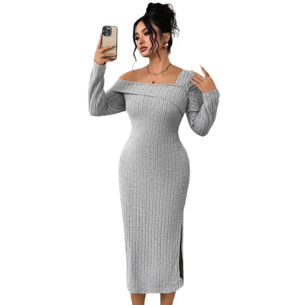 Fashionable Knitted Square-neck Off-the-shoulder Body-hugging Dress Long-sleeved Slit Dress