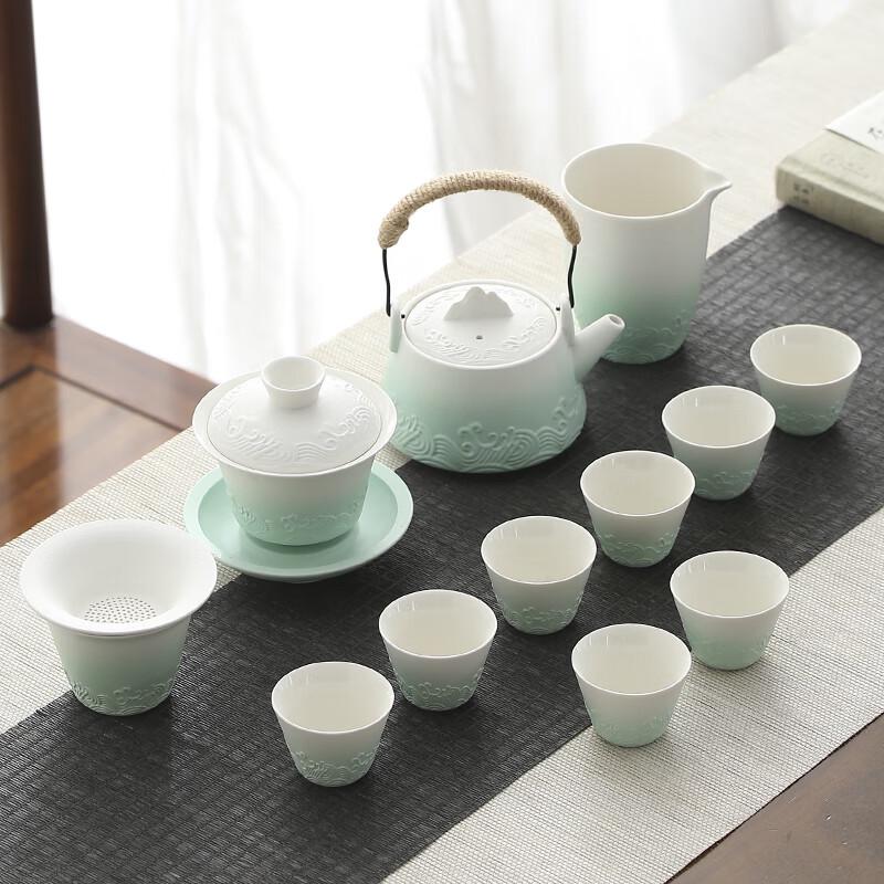 Lainuo Gradient Green Ocean Wave Coarse Pottery 12-Piece Tea Set
