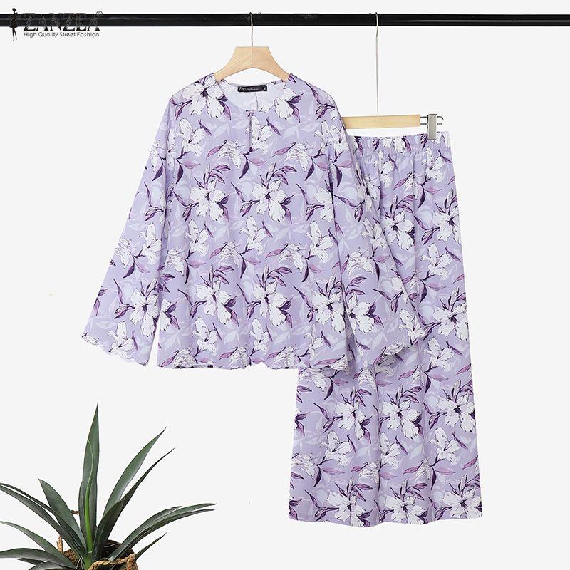 ZANZEA Women Long Sleeve Blouse and Long Skirts Floral Print Two Piece Suit Sets