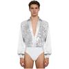 Mens Latin Ballet Dance Bodysuit Glittery Sequined Bodice V Neck Satiny Long Sleeves Buttoned Crotch Leotard