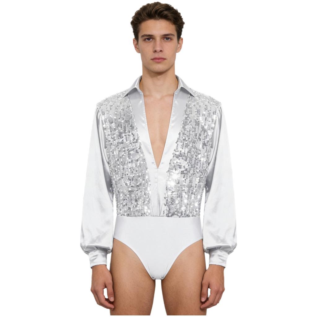 Mens Latin Ballet Dance Bodysuit Glittery Sequined Bodice V Neck Satiny Long Sleeves Buttoned Crotch Leotard