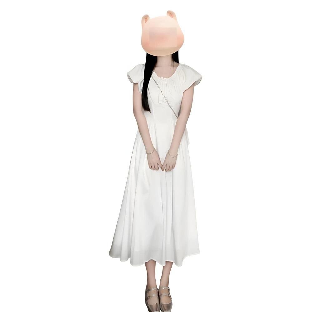 White dress girl new summer small temperament princess fairy waist long dress looks thin