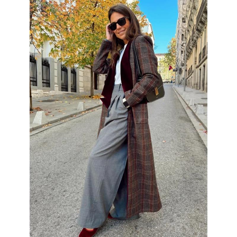 Modische, farbenfrohe Wollmäntel mit Karomuster für Damen, Patchwork, Umlegekragen, schmale Passform, lange Mäntel, High Streetwear