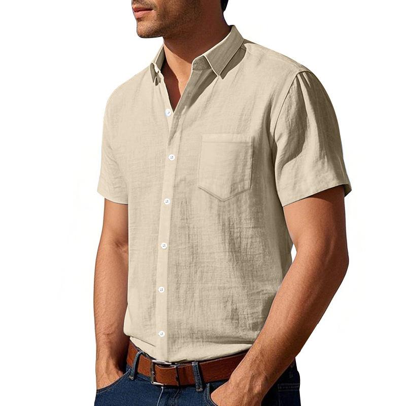 Summer Solid Color Linen Men's Shirt Turn-Down Collar Short Sleeve Tops Men's Loose Pocket Button Cardigan Casual Shirt