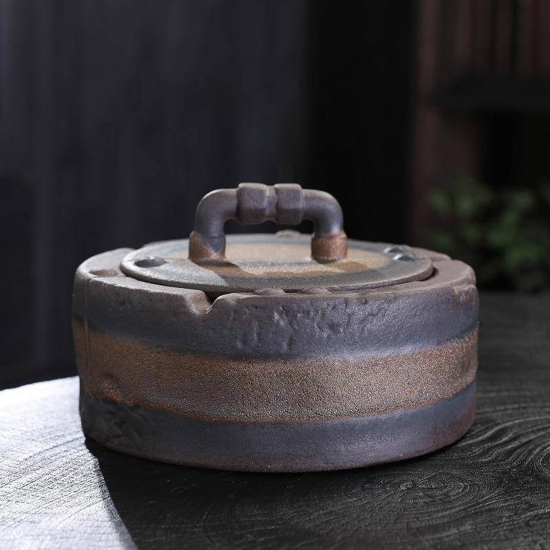 Anti-retro rock mud smoke tank with lid Cigarette butt slag tank ceramic tea table jar stoneware ashtray storage