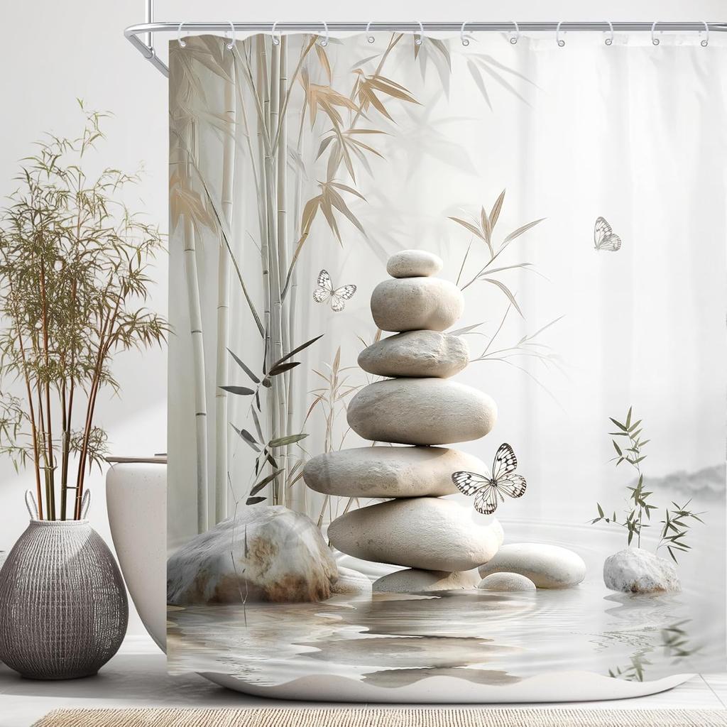 Zen Bamboo Shower Curtain Gray Butterfly Stone Pastel Meditation Relaxing Calming Botanical Plant Green Leaves Girly Bathroom