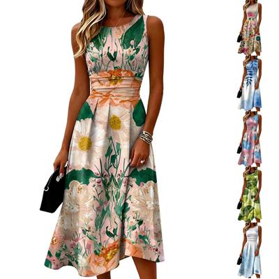 Sleeveless Casual Midi Dress for Women Round Neck Floral Print Summer Dress Lightweight Comfortable Fit Flared Skirt