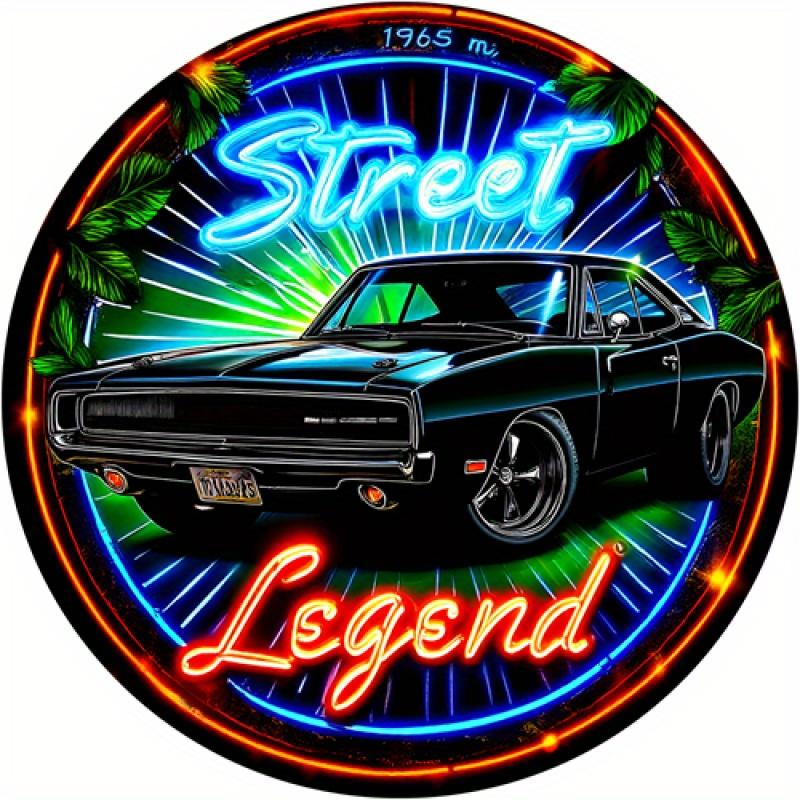 D Flat Street Legend Black Muscle Car with Neon Lights Round Tin Sign Vintage Metal Wall Art for Garage Man Cave Bar Ca