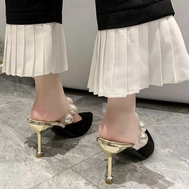 Fashion Pointed Toe Sandals Heeled Slides Black Woman Mules Slippers Sexy Shoes for Women Korea Style Unique on Offer Slip-resistant Non