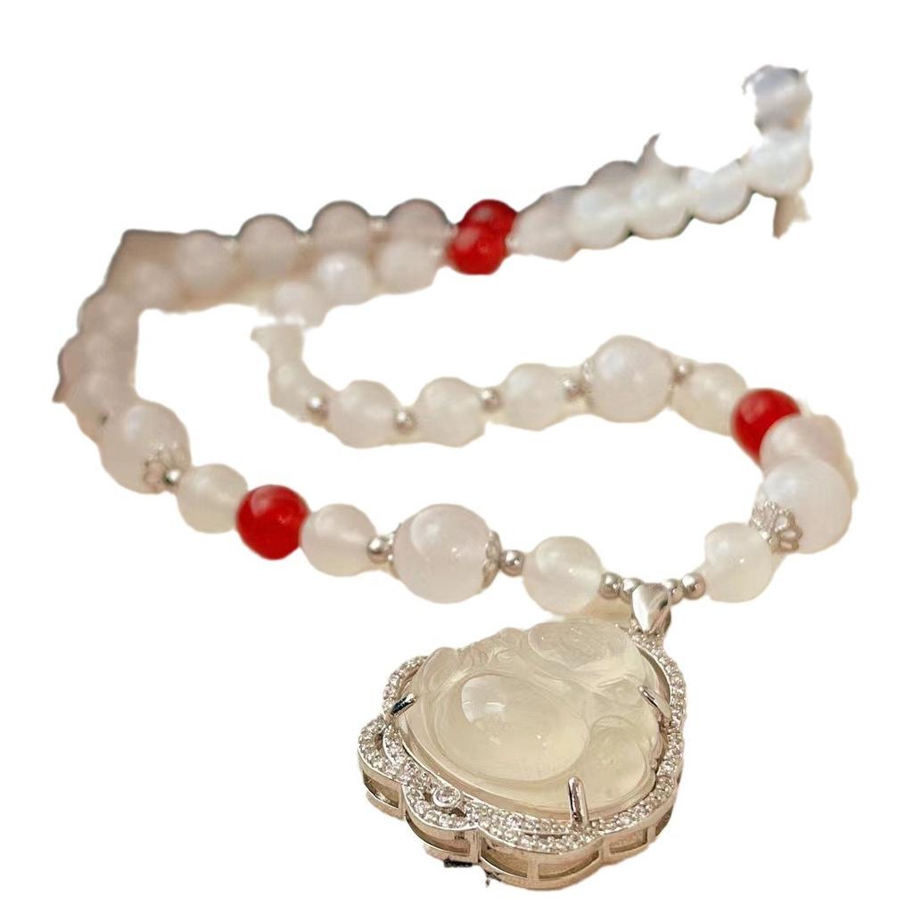 Retro High Quality Natural Chalcedony Set Chain Necklace Sweater Chain Buddha Gong Pendant Collarbone Chain