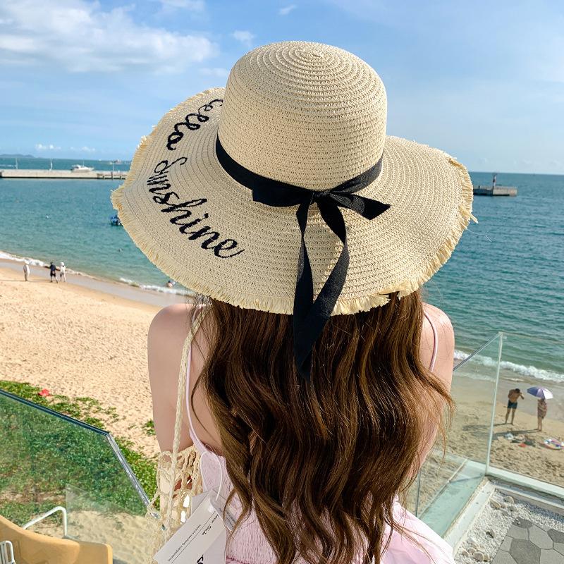 Women Summer Beach Straw Hat Korean Seaside Brim Sunblock Sunshade Holiday  Big Cool Bow Hat