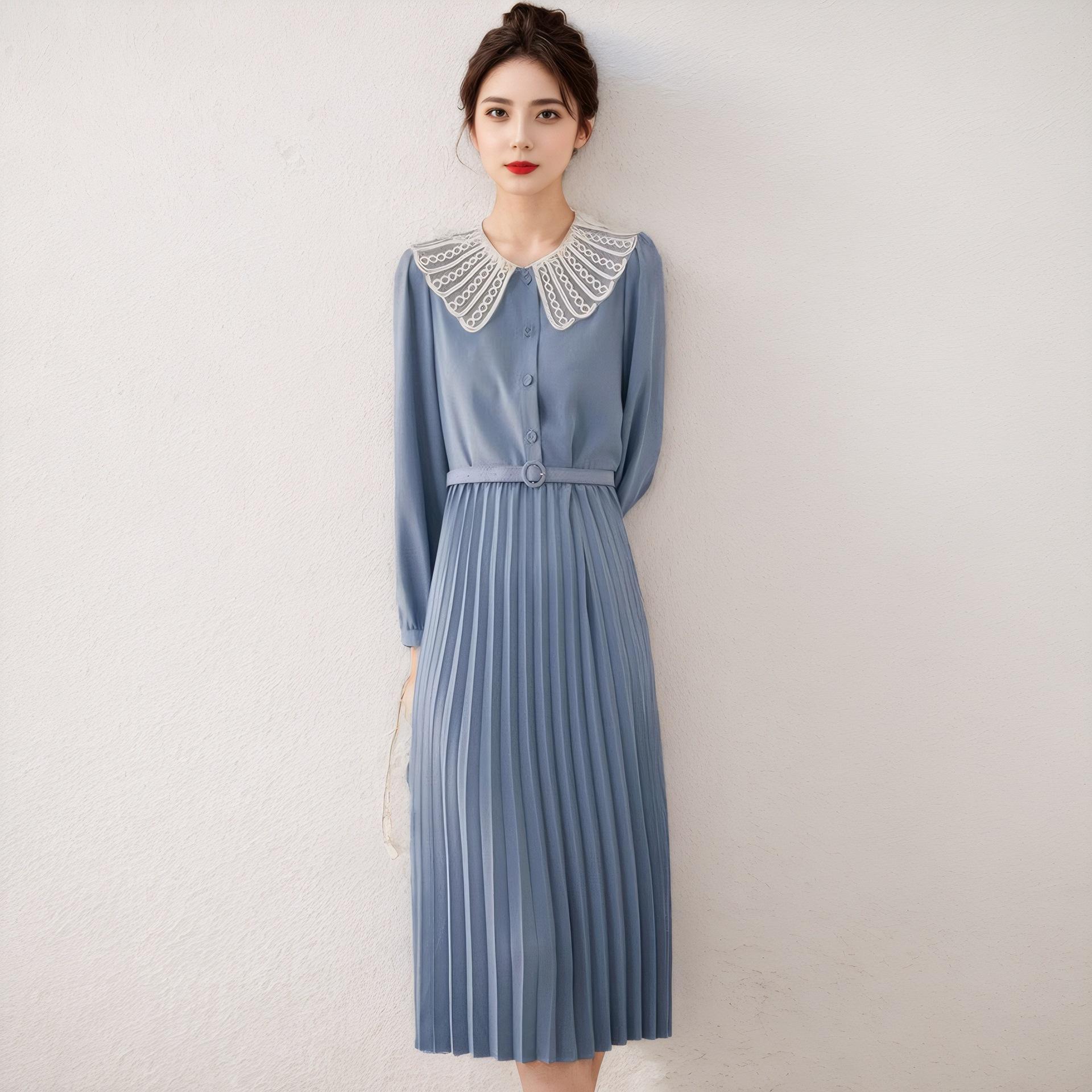 

Весенняя новинка: плиссированная юбка с контрастным кружевным воротником и милым темпераментом, платье средней длины до талии для женщин XL синий